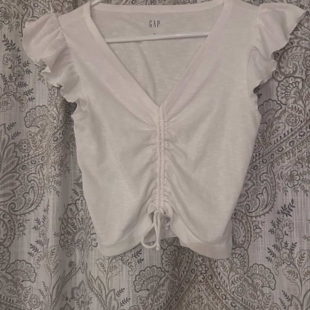 GAP White Ribbed V-Neck Ruched Top with Ruffle Sleeves